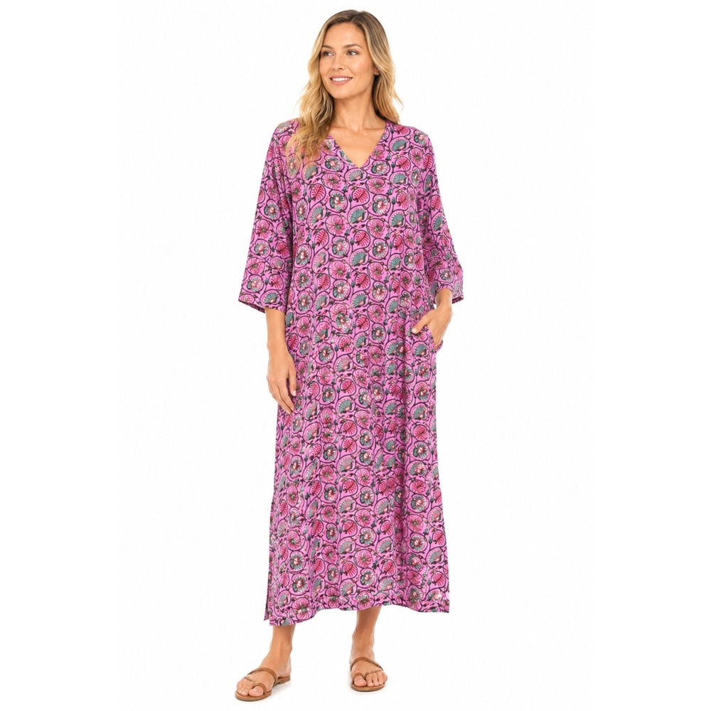 The J. Peterman Company Dress Women XS Pink Floral Kaftan Style Viscose Midi